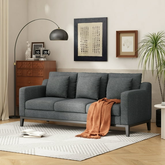 GDF Studio Noxon Contemporary Fabric 3 Seater Sofa with Accent Throw Pillow, Charcoal and Dark Walnut