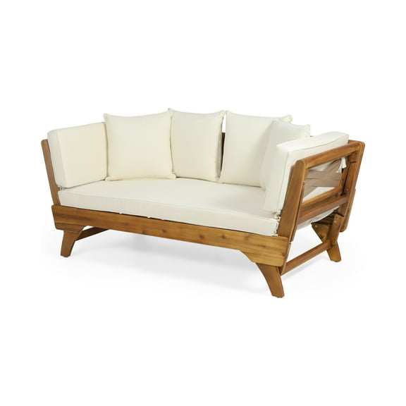 GDF Studio Oceanna Outdoor Acacia Wood and Rope Expandable Daybed with Cushions, Teak, Beige, and Khaki