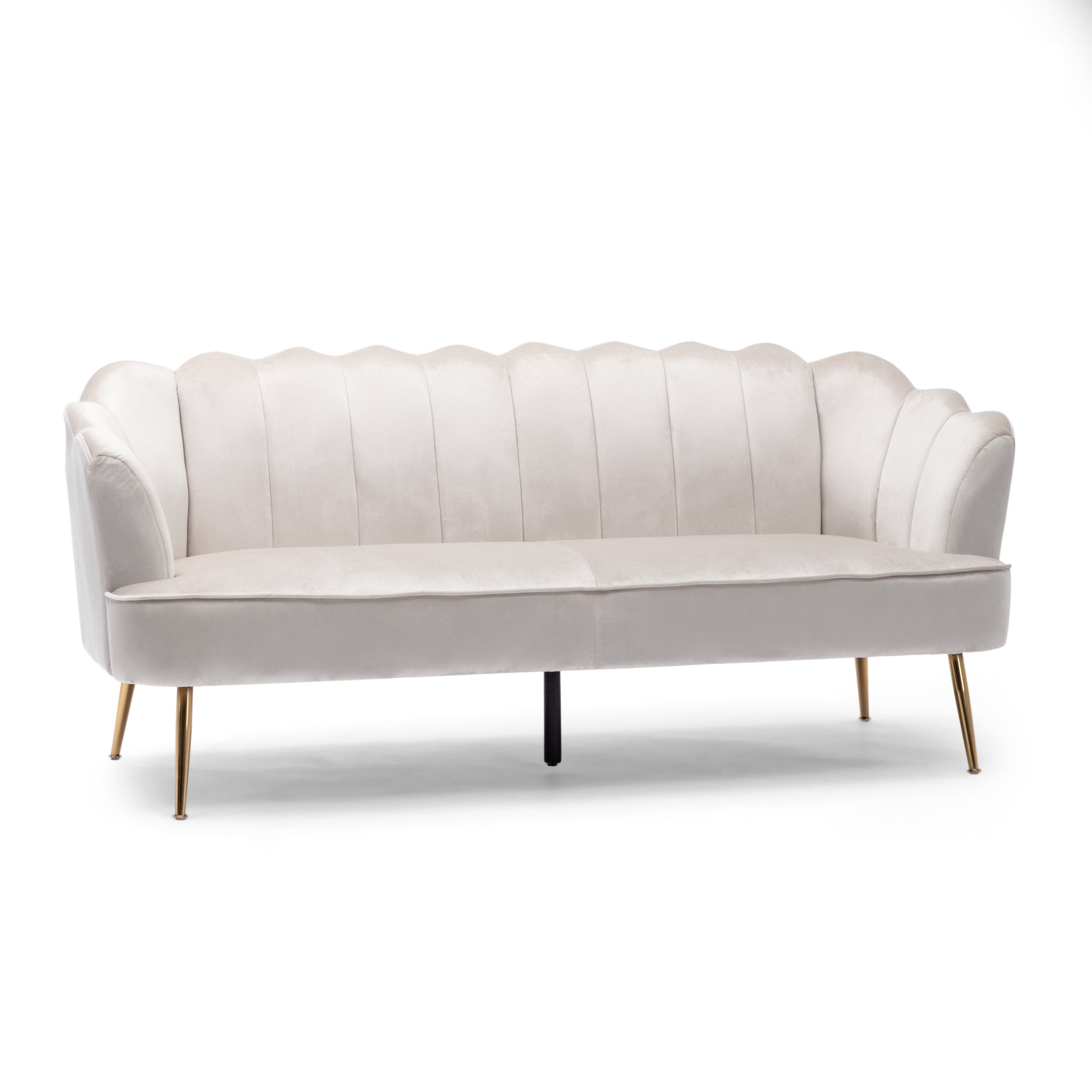 Beige Velvet Modern Glam 3-Seater Channel Stitch Sofa