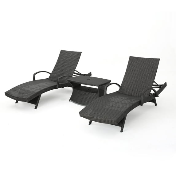 GDF Studio Olivia Outdoor Wicker 3 Piece Adjustable Chaise Lounge Chat Set, Gray