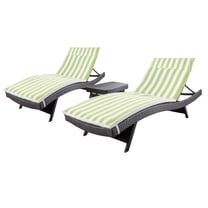 GDF Studio Olivia Outdoor Wicker 3 Piece Armless Adjustable Chaise Lounge Chat Set with Cushions, Multibrown and Green and White