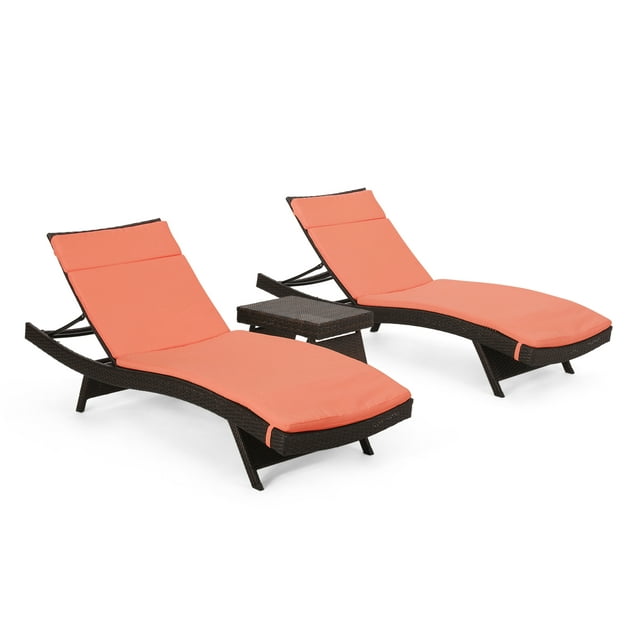 GDF Studio Olivia Outdoor Wicker 3 Piece Armless Adjustable Chaise Lounge Chat Set with Cushions, Multibrown and Orange
