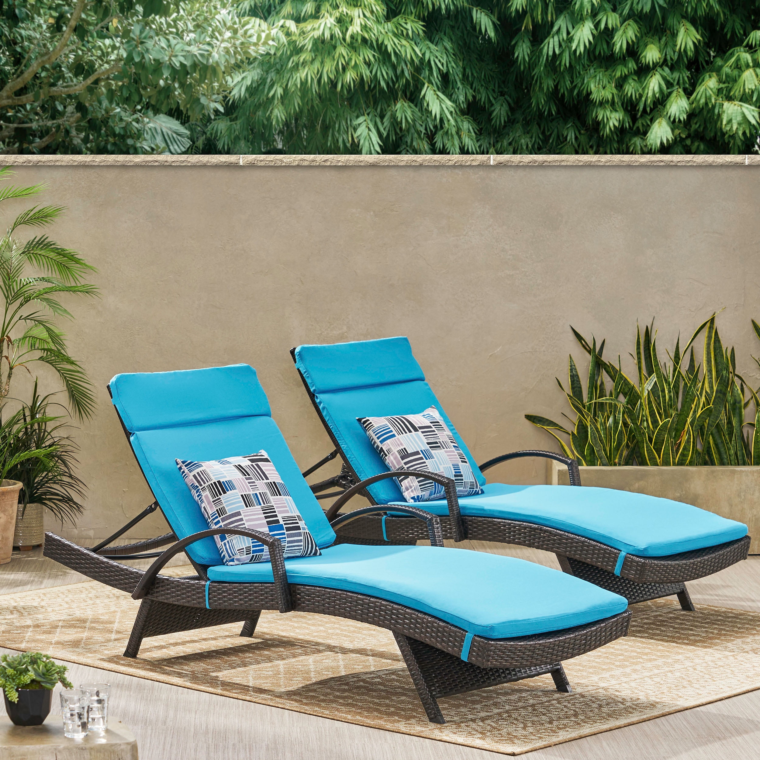 Bright Blue Cushioned Faux Rattan Outdoor Chaise Lounger Set