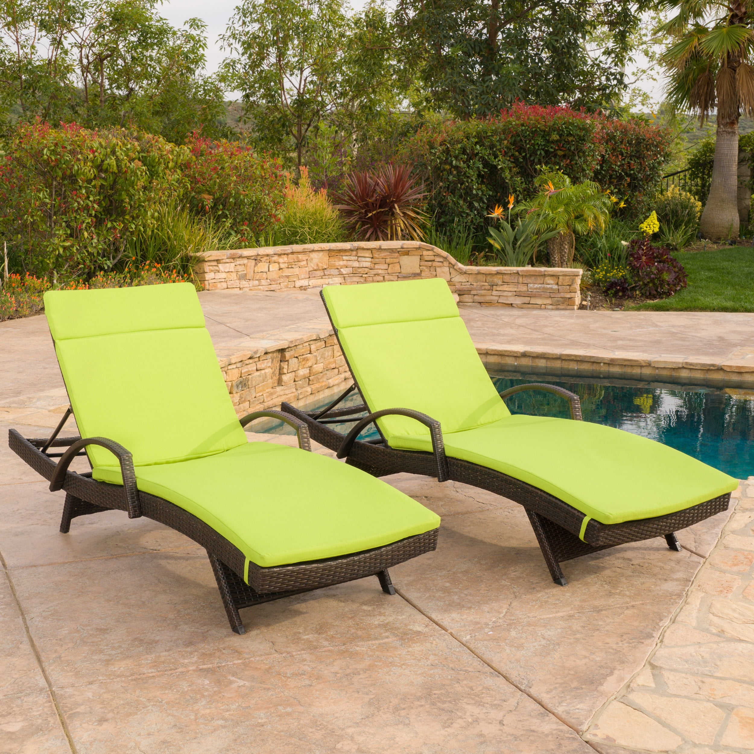 Bright Green Cushioned Wicker Chaise Lounger with Arms, Set of 2