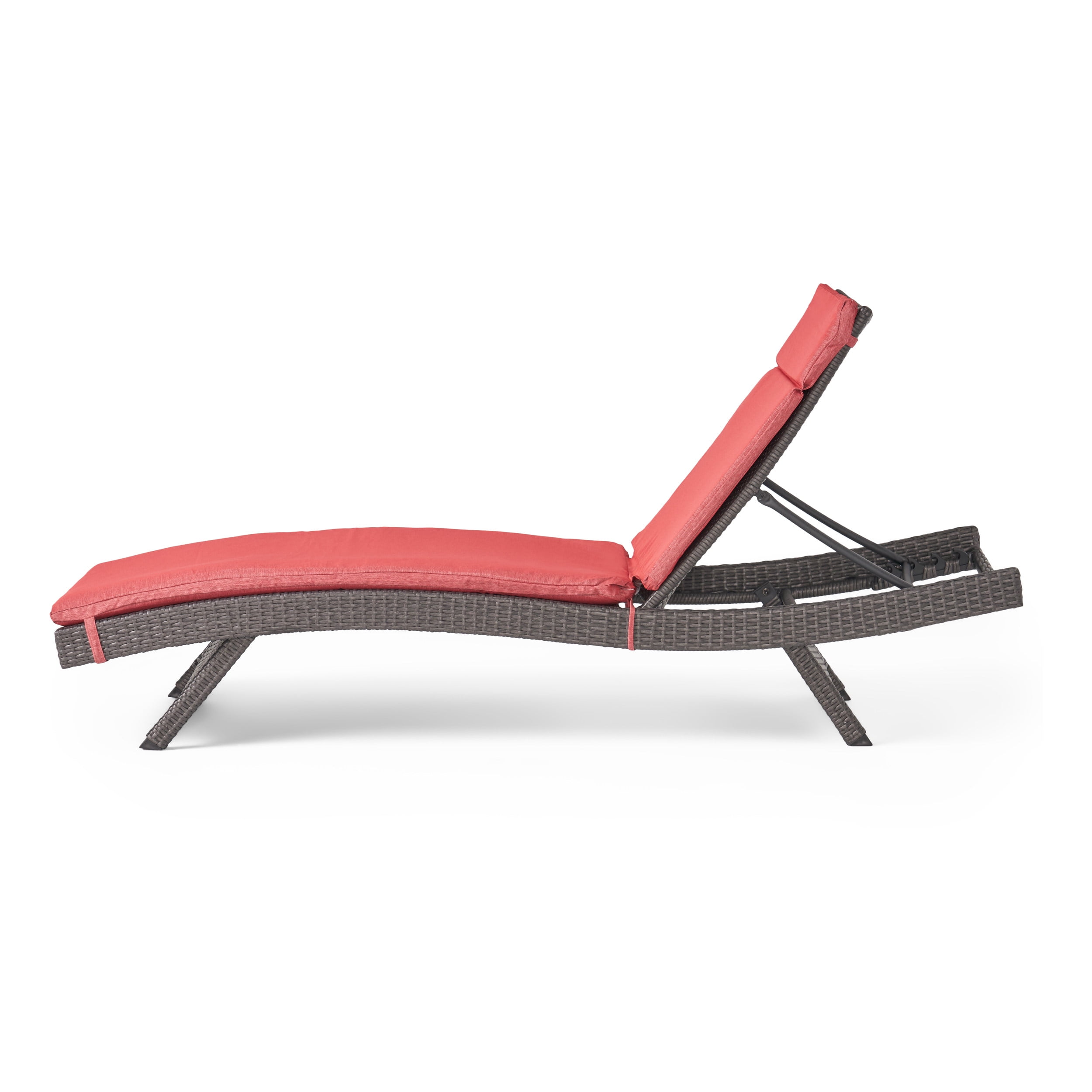GDF Studio Olivia Outdoor Wicker Armless Adjustable Chaise Lounge with Cushion, Gray and Red