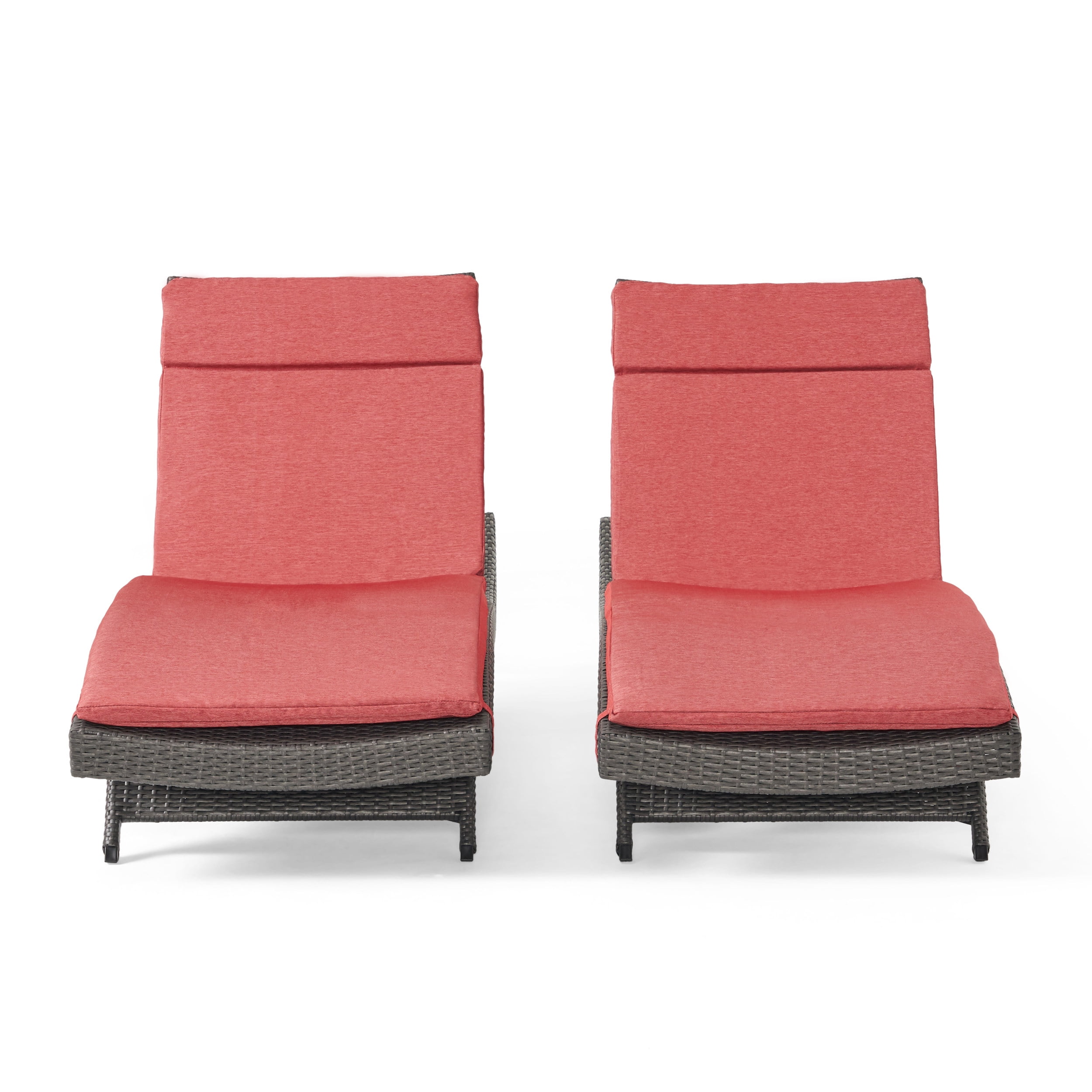 Red Cushioned Armless Wicker Outdoor Chaise Lounge Set