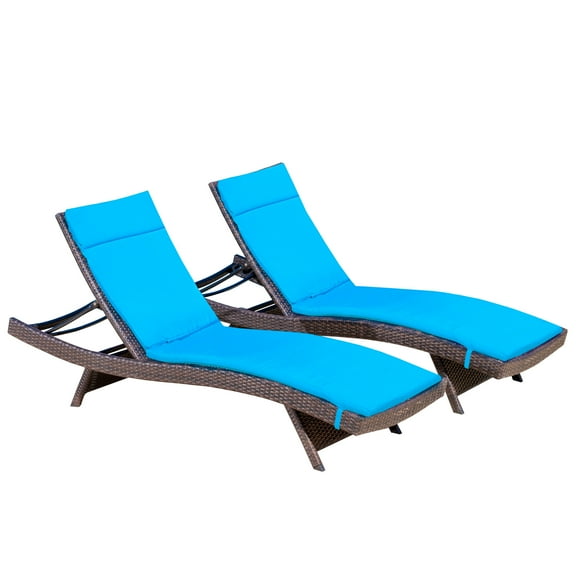 GDF Studio Olivia Outdoor Wicker Armless Adjustable Chaise Lounges with Cushion, Set of 2, Multibrown and Blue