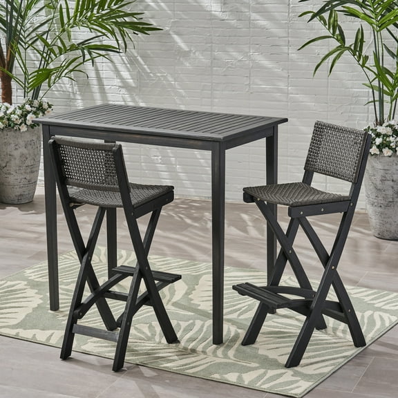 GDF Studio Omaha Outdoor Acacia Wood and Wicker 3 Piece Rectangular Bar Set, Dark Gray and Brown