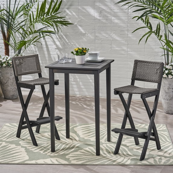 GDF Studio Omaha Outdoor Acacia Wood and Wicker 3 Piece Square Bar Bistro Set, Dark Gray and Brown