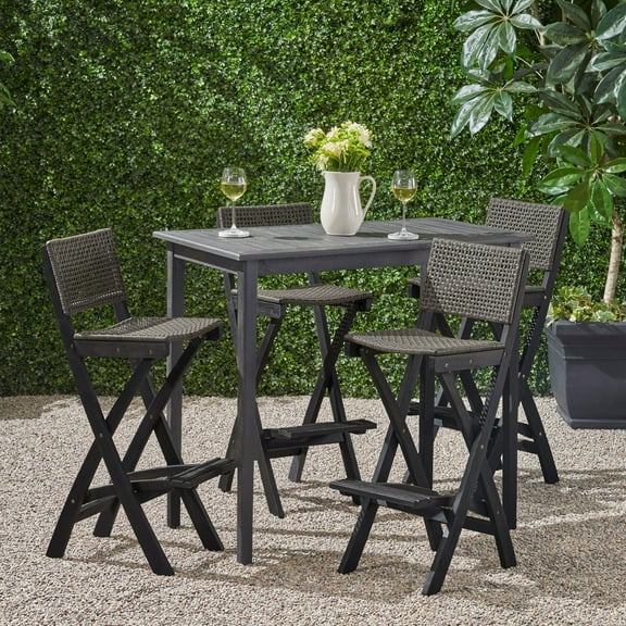 GDF Studio Omaha Outdoor Acacia Wood and Wicker 5 Piece Rectangular Bar Set, Dark Gray and Brown