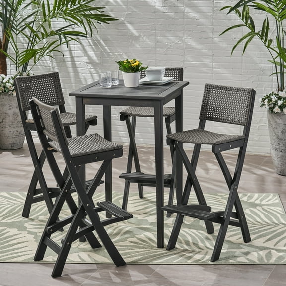 GDF Studio Omaha Outdoor Acacia Wood and Wicker 5 Piece Square Bar Bistro Set, Dark Gray and Brown