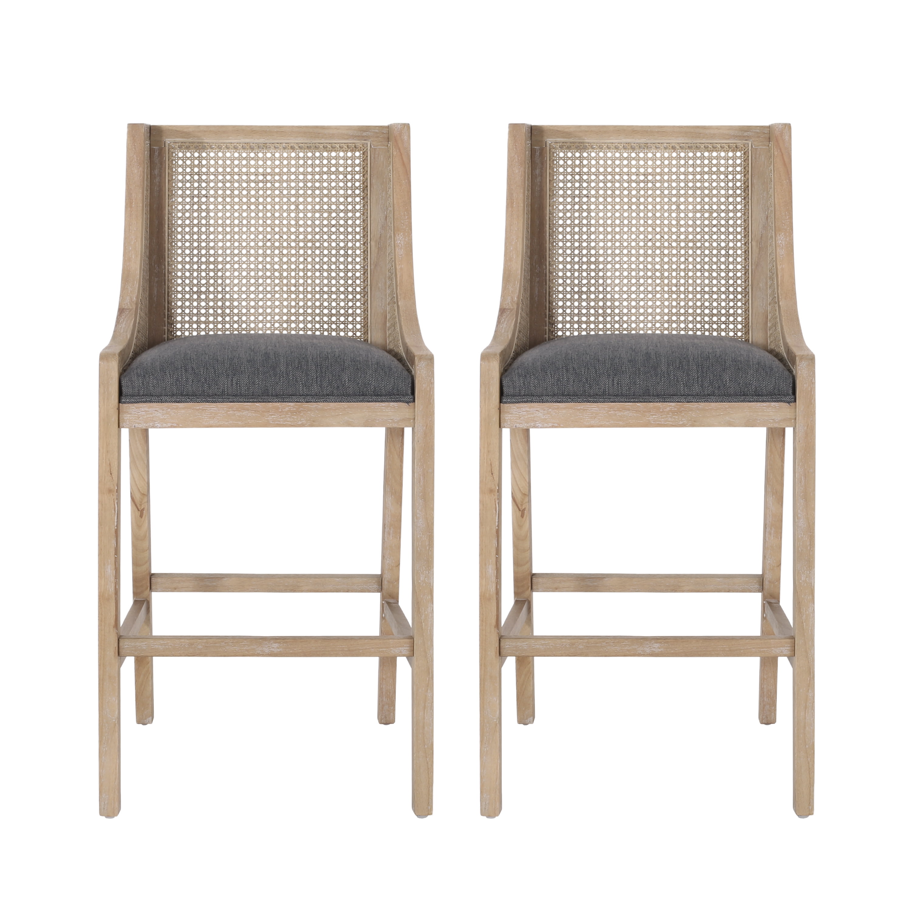 Charcoal and Natural Wood Cane Back 30" Barstools, Set of 2