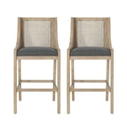 GDF Studio Oneida Rustic Fabric Upholstered Wood and Cane Barstools, Set of 2, Charcoal and Natural