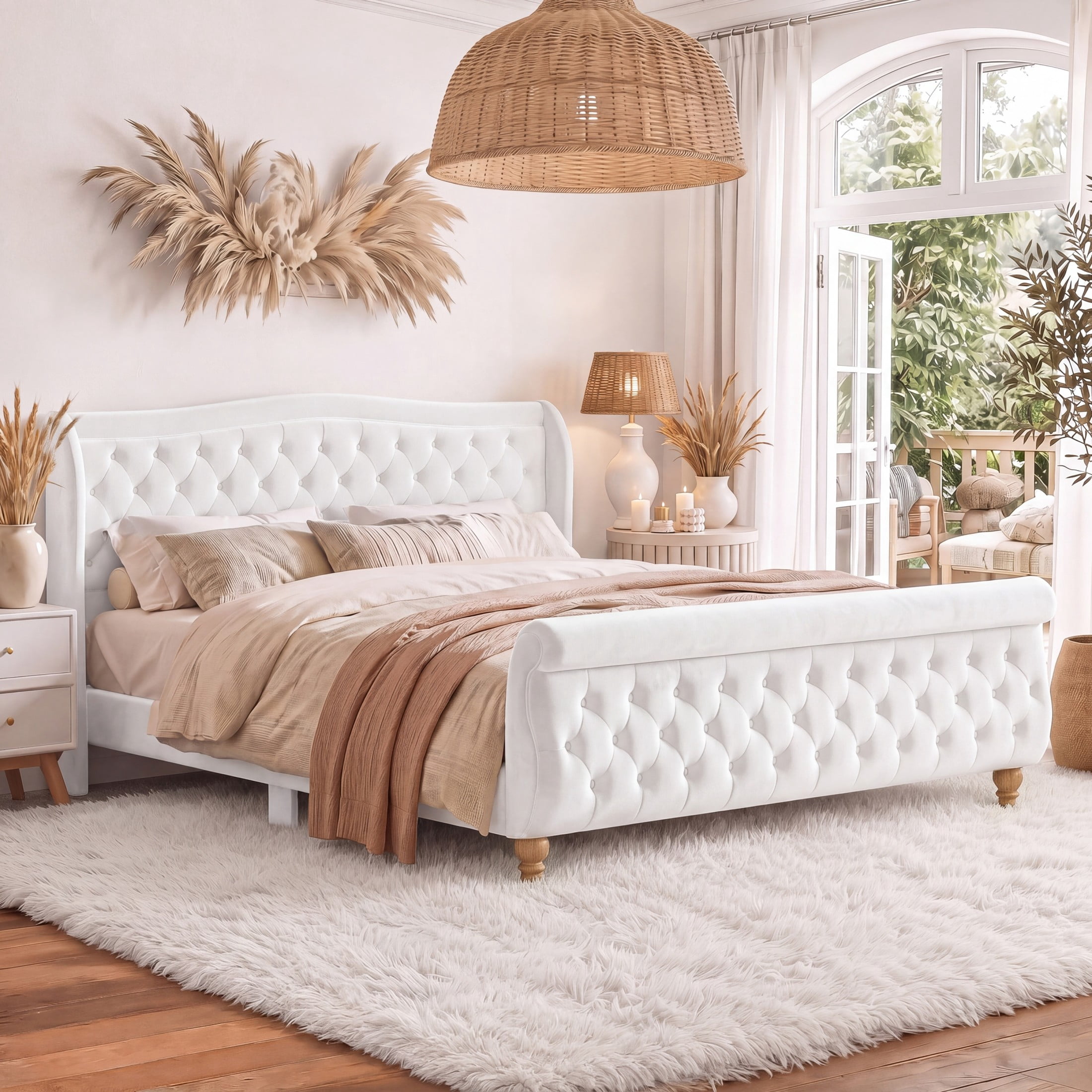 GDF Studio Orlan King Size Velvet Upholstered Sleigh Platform Bed Frame with Wood Slat Support, Modern Design, Beige