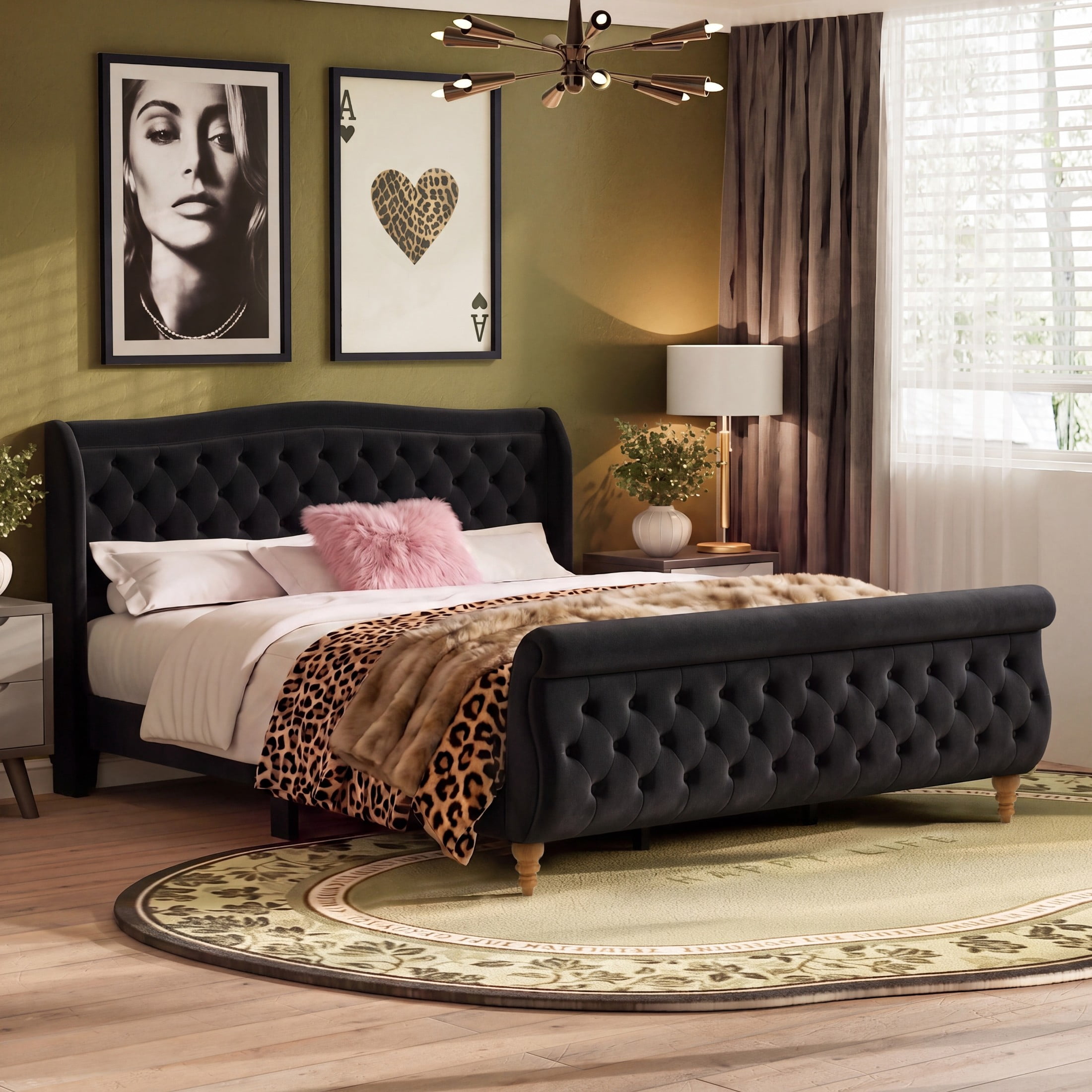 GDF Studio Orlan King Size Velvet Upholstered Sleigh Platform Bed Frame with Wood Slat Support, Modern Design, Black