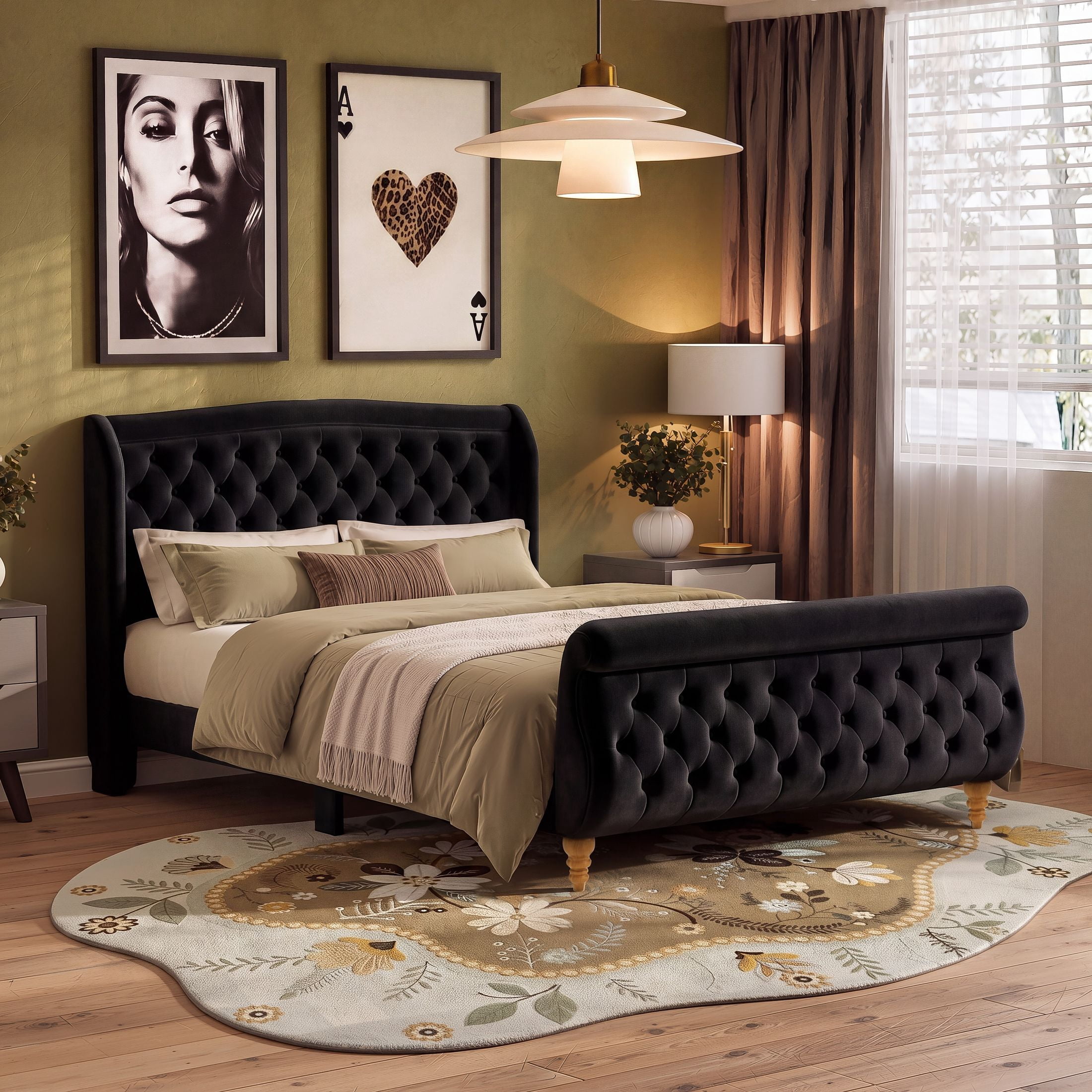 GDF Studio Orlan Queen Size Velvet Upholstered Sleigh Platform Bed Frame with Wood Slat Support, Modern Design, Black