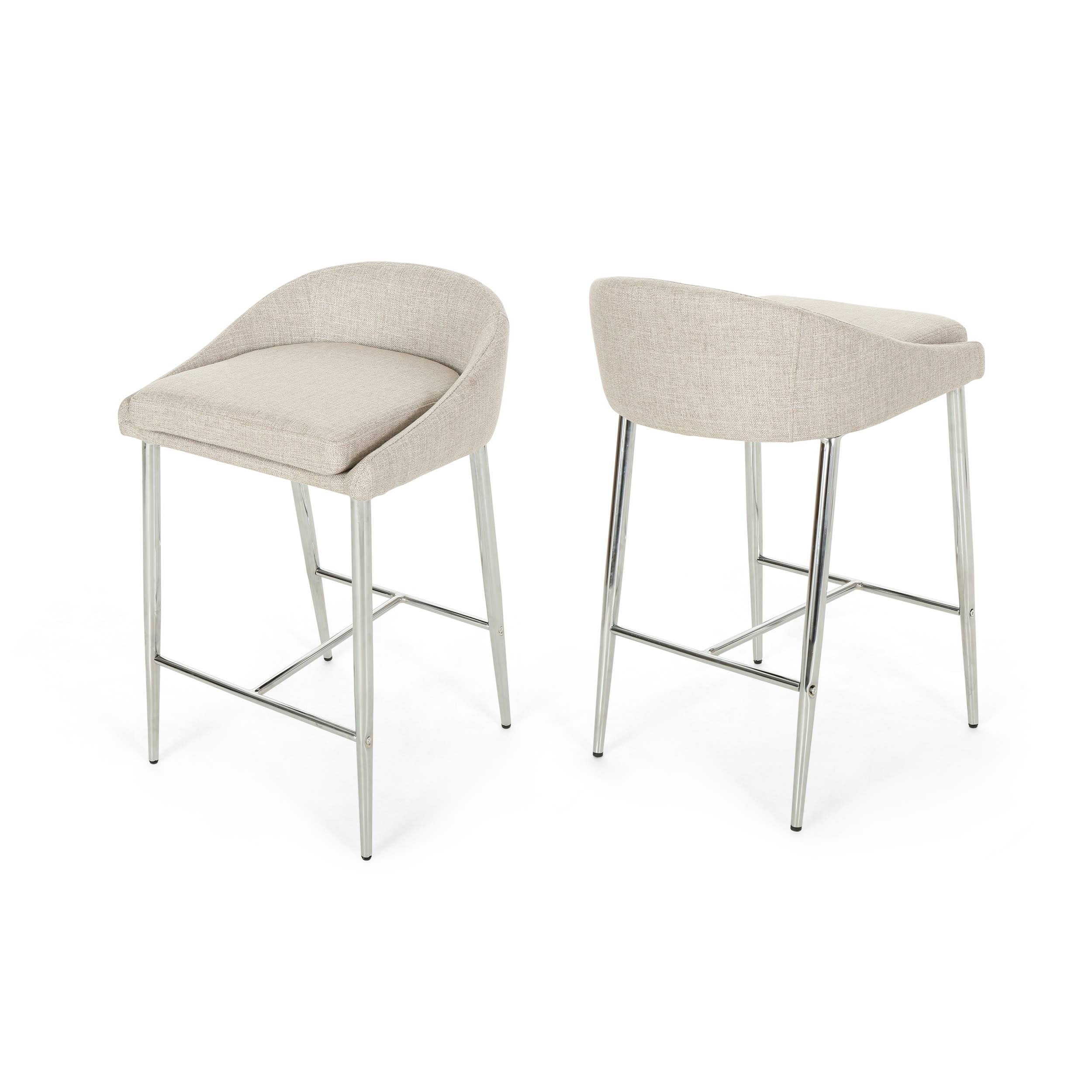 Beige Upholstered Counter Stools with Chrome Iron Legs, Set of 2