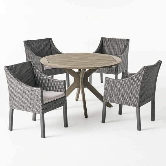 GDF Studio Orwel Outdoor Acacia Wood and Wicker 5 Piece Dining Set with Cushion, Gray and Light Gray