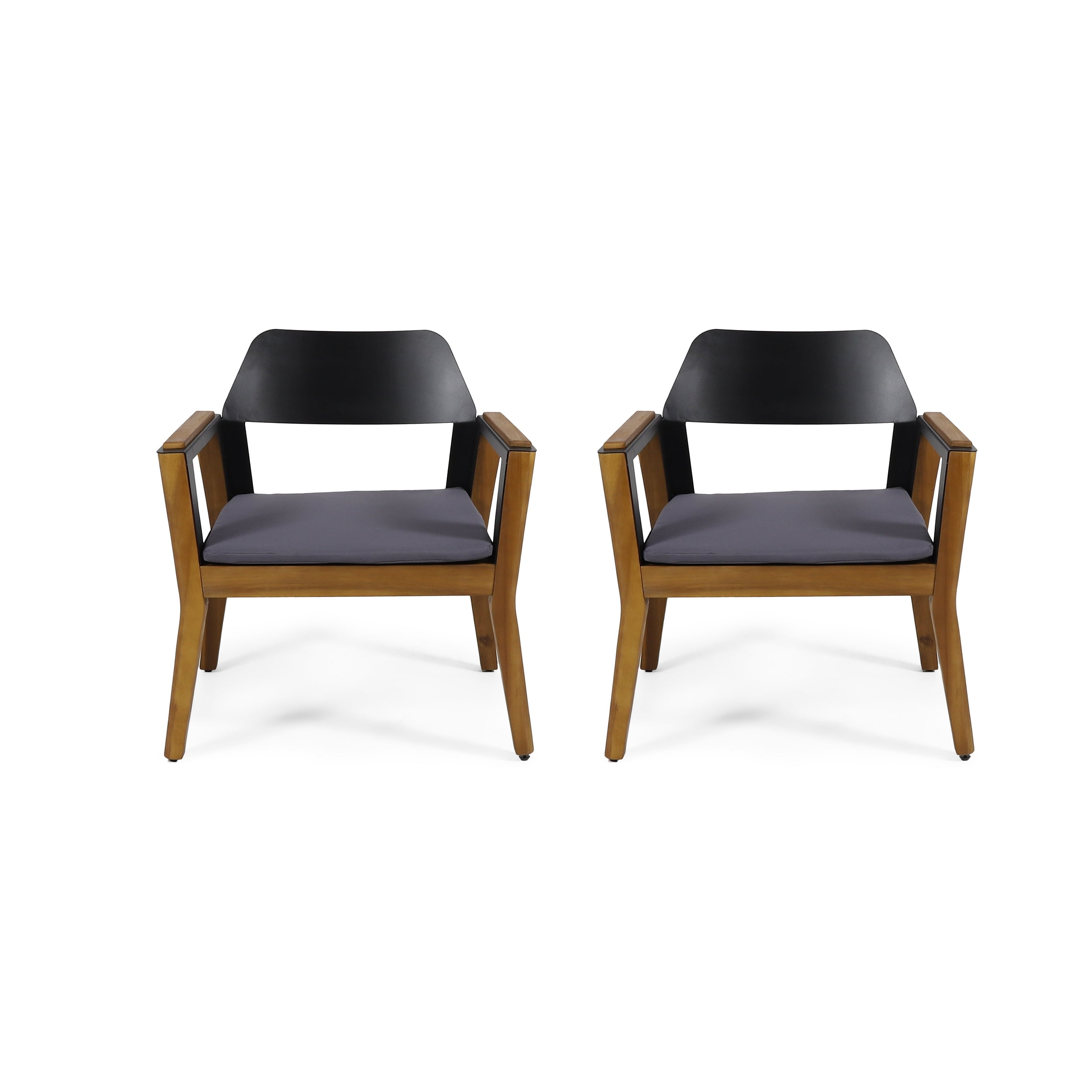 Teak and Black Acacia Wood Outdoor Club Chairs with Dark Gray Cushions, Set of 2