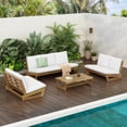 thumbnail image 1 of GDF Studio Outdoor Acacia Wood 4 Piece Conservation Set, 3 Seater Sofa, Loveseats, Coffee Table, Cushions, White+Teak, 1 of 3