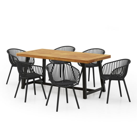 GDF Studio Outdoor Acacia Wood Dining Table for Six with Black PP Chairs Set