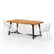 GDF Studio Outdoor Acacia Wood Dining Table for Six with White PP Chairs Set