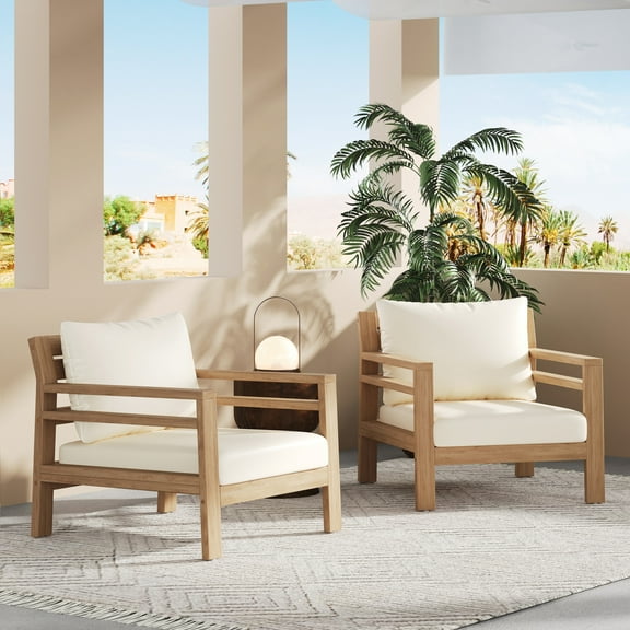 GDF Studio Outdoor Patio Club Chairs, Armchairs with Cushions, Solid Wood Frame, Beige+Light Teak, Set of 2