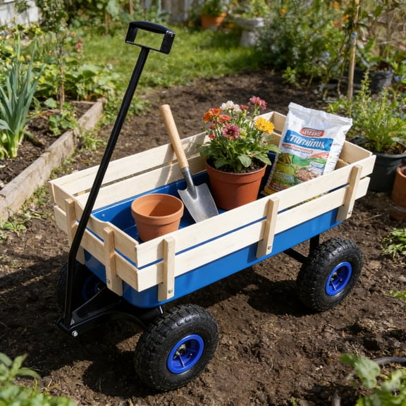 GDF Studio Outdoor Sport Wagon with Wooden Side Panels and All-Terrain Air Tires, Heavy Duty Garden Cart, Blue