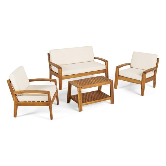 GDF Studio Parma 4 Piece Outdoor Wood Patio Furniture Chat Set, Beige and Teak