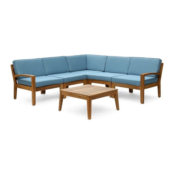 GDF Studio Parma Outdoor 5-Seater Acacia Wood Sectional Sofa Set, Blue