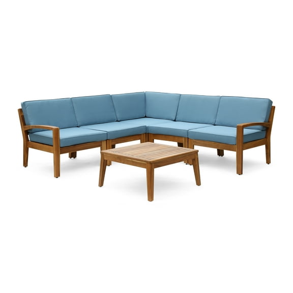GDF Studio Parma Outdoor 5-Seater Acacia Wood Sectional Sofa Set, Blue