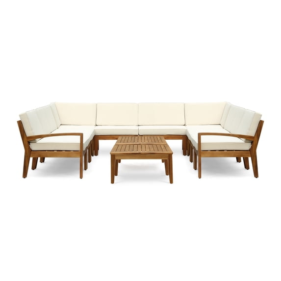 GDF Studio Parma Outdoor Acacia Wood 10 Seater Sectional Sofa Set with Coffee Table Set, Teak and Beige