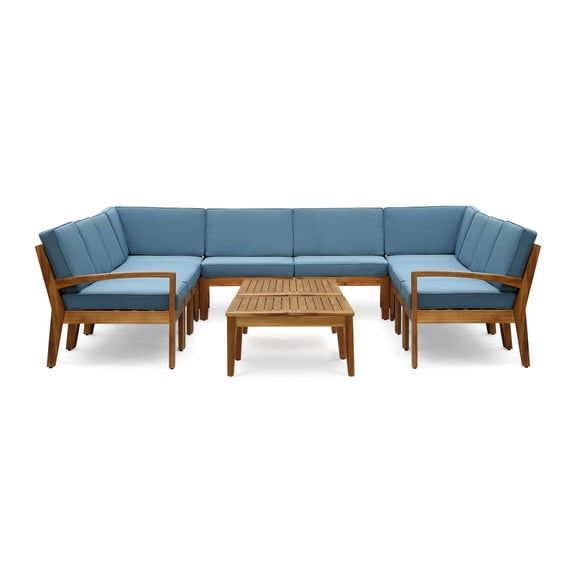 GDF Studio Parma Outdoor Acacia Wood 10 Seater Sectional Sofa Set with Coffee Table Set, Teak and Blue