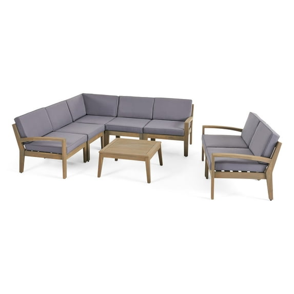 GDF Studio Parma Outdoor Acacia Wood 7 Seater Sectional Sofa and Loveseat Chat Set with Cushions, Gray and Dark Gray