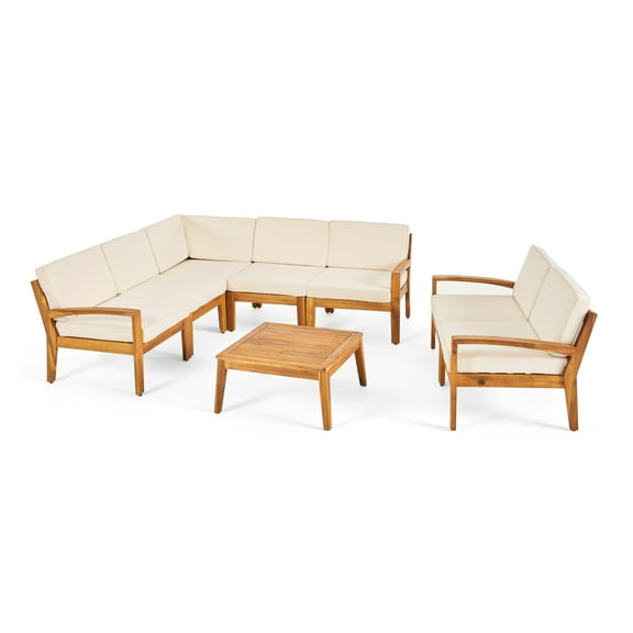 GDF Studio Parma Outdoor Acacia Wood 7 Seater Sectional Sofa and Loveseat Chat Set with Cushions, Teak and Beige