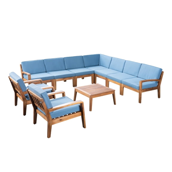 GDF Studio Parma Outdoor Acacia Wood 9 Seater Sectional Sofa Chat Set with Cushions, Teak and Blue