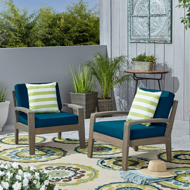 GDF Studio Parma Outdoor Acacia Wood Club Chairs with Cushions, Set of 2, Gray and Dark Teal Water Resistant Fabric
