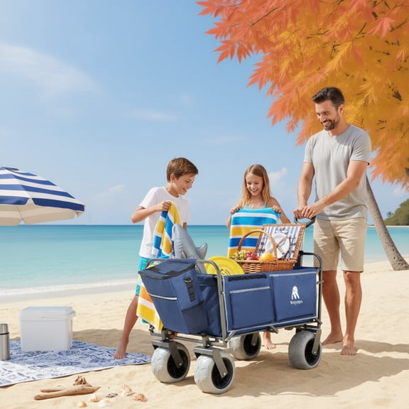 GDF Studio Patented Beach Wagon with MOLLE System, Balloon Wheels and Removable Insulated Cooler Bag, Dark Blue