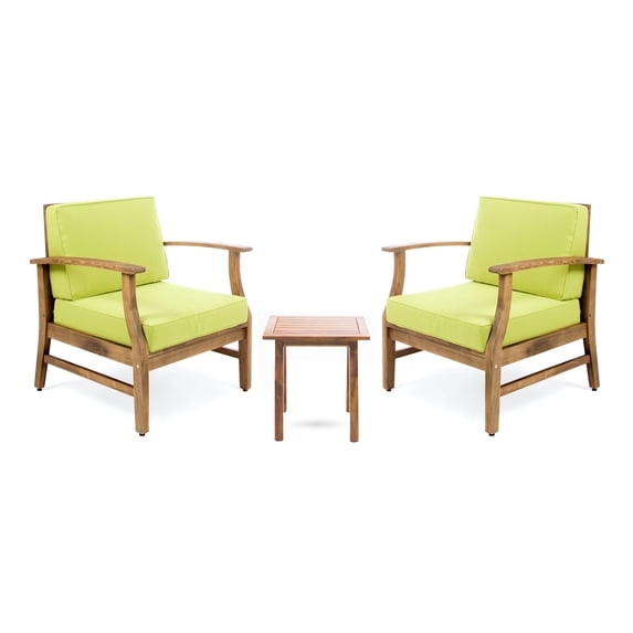 GDF Studio Pearl Outdoor 2 Seater Acacia Wood Chat Set with Cushions, Teak and Green