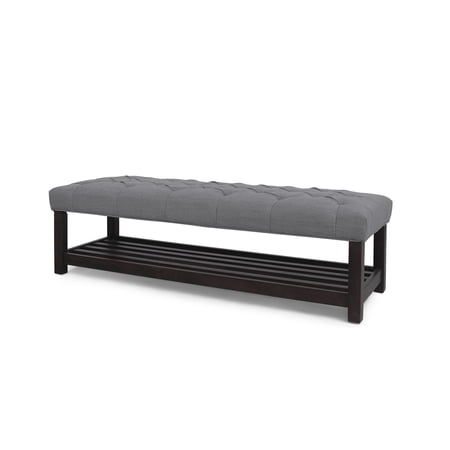 GDF Studio Pelon Contemporary Button Tufted Bench with Shelf, Gray Fabric and Dark Walnut