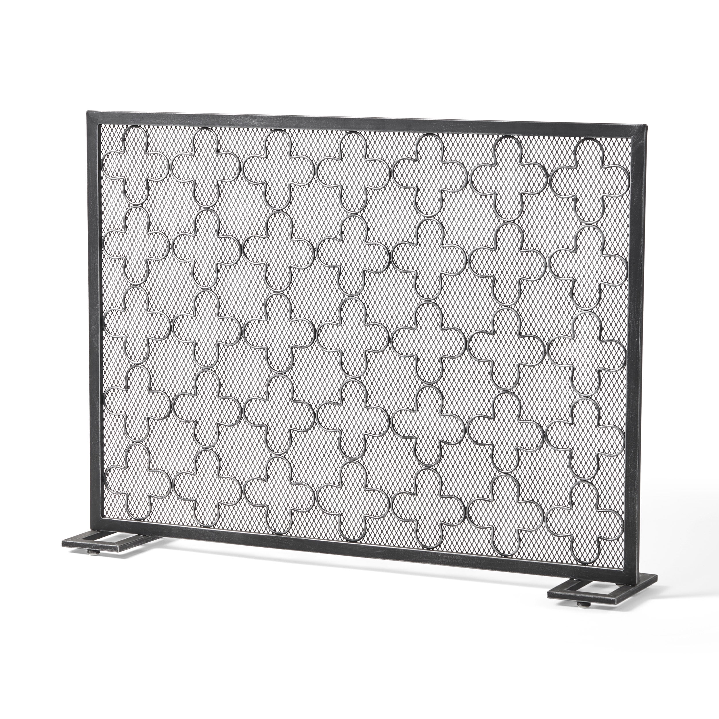Black Brushed Silver Iron Single Panel Fireplace Screen