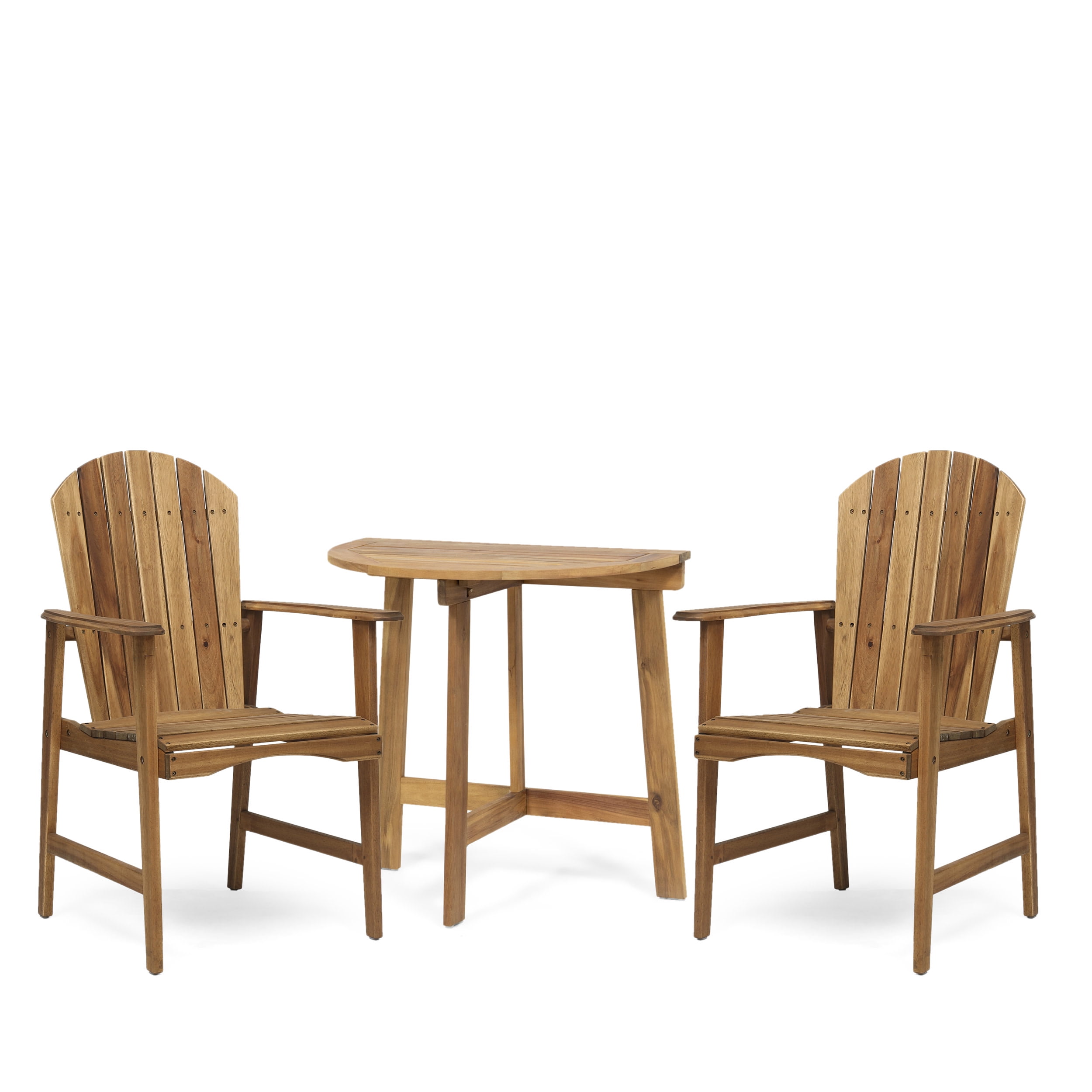 GDF Studio Perkins Outdoor Acacia Wood 3 Piece Adirondack Bistro Set with Half Round Table Natural