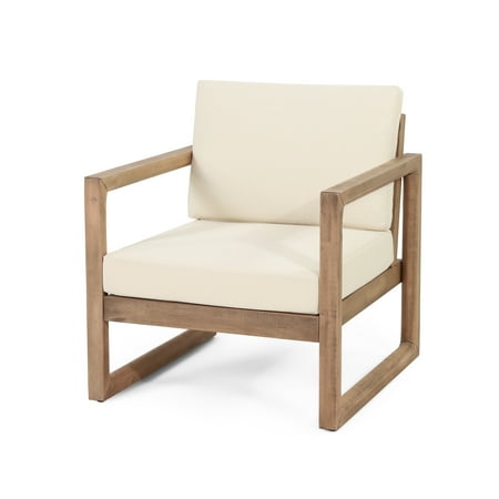 GDF Studio Petteti Outdoor Acacia Wood Club Chair with Cushions, Brown and Beige