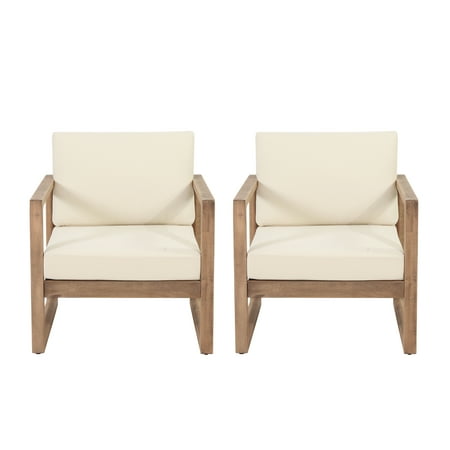 GDF Studio Petteti Outdoor Acacia Wood Club Chairs with Cushions, Set of 2, Brown and Beige