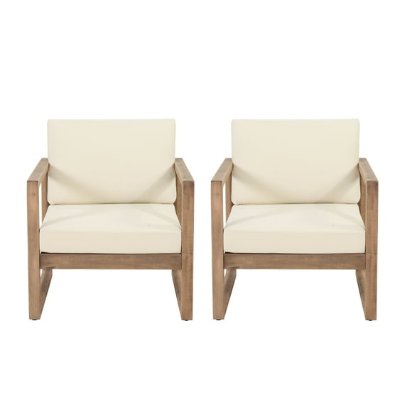 GDF Studio Petteti Outdoor Acacia Wood Club Chairs with Cushions, Set of 2, Brown and Beige