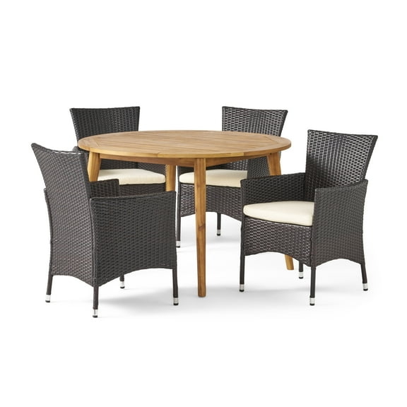 GDF Studio Philippa Outdoor Acacia Wood and Wicker 5 Piece Dining Set with Cushion, Teak, Multibrown, and Beige