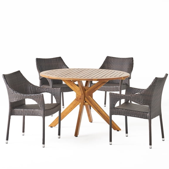 GDF Studio Pia Outdoor Wicker and Acacia Wood 5 Piece Dining Set, Gray