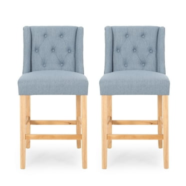 GDF Studio Pincay Contemporary Fabric Tufted Wingback 27 Inch Counter Stools, Set of 2, Light Blue and Natural