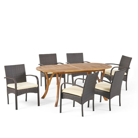 GDF Studio Pines Outdoor Acacia Wood and Wicker 7 Piece Dining Set with Cushions, Teak, Multibrown, and Cream