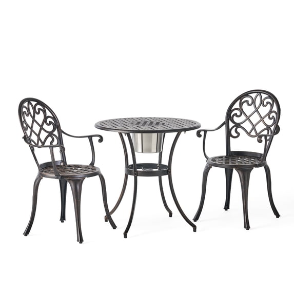 GDF Studio Pisa Cast Aluminum 3-Piece Outdoor Bistro Set with Ice Bucket, Brown